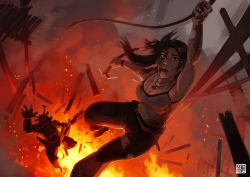 Rule 34 | 1girl, brown eyes, brown hair, cloud, earth (planet), fire, gradient background, lara croft, long hair, open mouth, planet, rope, smoke, solo, standing, tank top, tomb raider, tomb raider (reboot), weapon