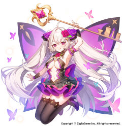 Rule 34 | 1girl, :q, ahoge, apple caramel, arm up, armpits, bare shoulders, black dress, black thighhighs, blush, breasts, bug, butterfly, butterfly wings, closed mouth, commentary request, copyright notice, copyright request, dress, flower, grey hair, hair between eyes, hair flower, hair intakes, hair ornament, hair ribbon, high heels, highres, holding, insect, insect wings, key, looking at viewer, medium breasts, navel, official art, oversized object, pointy ears, purple eyes, purple flower, purple footwear, purple ribbon, purple rose, purple wings, ribbon, rose, simple background, smile, solo, thighhighs, tongue, tongue out, two side up, white background, wings