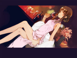 Rule 34 | 1girl, alcohol, bare shoulders, blush, brown eyes, brown hair, china dress, chinese clothes, copyright request, cup, dress, drinking glass, dutch angle, legs, crossed legs, letterboxed, long legs, no panties, ooyari ashito, side slit, sitting, skinny, solo, thighs, wine, wine glass