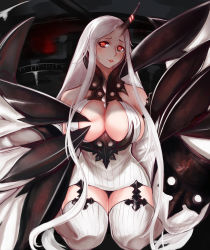 Rule 34 | 10s, 1girl, abyssal ship, bare shoulders, blush, breasts, claws, cleavage, curvy, detached sleeves, dress, female focus, garter straps, highres, horns, kantai collection, large breasts, long hair, looking at viewer, parted lips, red eyes, ribbed dress, ribbed legwear, seaport water oni, short dress, single horn, smile, solo, thighhighs, very long hair, white dress, white hair, white thighhighs, wide hips, ytoy, zettai ryouiki