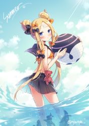 Rule 34 | 1girl, abigail williams (fate), ball, beachball, bikini, black bow, black sailor collar, black skirt, blonde hair, blue eyes, blue sky, blush, bow, breasts, closed mouth, cloud, cloudy sky, commentary request, day, double bun, english text, fate/grand order, fate (series), fingernails, hair bow, hair bun, head tilt, highres, holding, holding ball, long hair, looking at viewer, looking to the side, nyanya, ocean, orange bikini, orange bow, outdoors, parted bangs, partially submerged, partially underwater shot, pleated skirt, polka dot, polka dot bow, sailor collar, see-through, side bun, skirt, sky, small breasts, solo, standing, stuffed animal, stuffed toy, suction cups, swimsuit, teddy bear, tentacles, twintails, twitter username, underwater, very long hair, wading, water