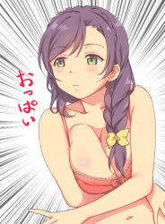 Rule 34 | 1girl, bow, bra, braid, breasts, cleavage, collarbone, duke (inu daimyou), green eyes, hair bow, large breasts, long hair, looking away, looking to the side, love live!, love live! school idol project, navel, purple hair, red bra, single braid, solo, tojo nozomi, underwear, yellow bow