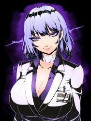 Rule 34 | 1girl, absurdres, breasts, choker, cleavage, closed mouth, collarbone, collared shirt, commentary, english commentary, girls&#039; frontline, gradient background, hair between eyes, highres, id card, jacket, large breasts, lipstick, looking at viewer, makeup, purple background, purple eyes, purple hair, purple shirt, rpk-16 (girls&#039; frontline), rpk-16 (renate) (girls&#039; frontline), shiny skin, shirt, short hair, smile, solo, upper body, warfakaid, white choker, white jacket