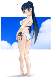 1girl ahoge ass bikini black_hair blue_eyes blunt_bangs blush female_focus full_body katatsuka_kouji long_hair original outside_border solo swimsuit