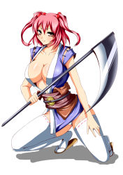 Rule 34 | 1girl, bad id, bad pixiv id, blush, breasts, cleavage, collarbone, female focus, hair ornament, hand on thigh, highres, iwamoto eiri, large breasts, looking at viewer, onozuka komachi, red eyes, red hair, sandals, scythe, shadow, simple background, smile, solo, squatting, thighhighs, touhou, twintails, two side up, white background, white thighhighs