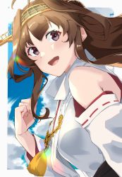Rule 34 | 1girl, ahoge, brown hair, commentary request, detached sleeves, double bun, hair bun, hairband, headgear, highres, japanese clothes, kantai collection, kongou (kancolle), kongou kai ni (kancolle), long hair, looking at viewer, popped collar, purple eyes, ribbon-trimmed sleeves, ribbon trim, solo, sui (sui27shika), upper body