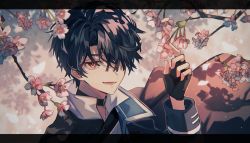 Rule 34 | 1boy, black hair, cherry blossoms, fingerless gloves, flower, gloves, hair over one eye, letterboxed, long sleeves, looking at viewer, mahoutsukai no yakusoku, male focus, naruta iyo, one eye closed, open mouth, plant, red eyes, shino sherwood, short hair, smile, solo, tree