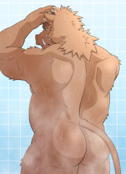 Rule 34 | 1boy, animal ears, ass, back, bara, belly, boar boy, boar ears, boar tail, brown fur, completely nude, from behind, furry, furry male, male focus, muscular, muscular male, nude, original, oro (ororwide11), shower (place), showering, snout, solo, steam, thick thighs, thighs, tusks