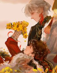 Rule 34 | 1boy, 1girl, absurdres, brown hair, chromatic aberration, circlet, closed eyes, earrings, flower, hair ornament, head chain, highres, holding, holding flower, jewelry, light and night love, lying on person, miao clothes, muscular, muscular male, profile, qi sili, smile, tassel, tassel earrings, yellow flower, yidakuaishanzhagao