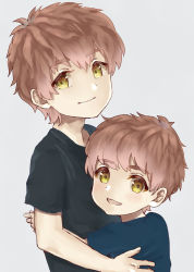Rule 34 | 2boys, blush, brothers, brown hair, child, grey background, highres, hug, looking at viewer, male focus, multiple boys, open mouth, original, shirt, siblings, smile, t-shirt, takanoberii, yellow eyes