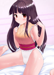 Rule 34 | 1girl, absurdres, bare shoulders, barefoot, bed, belt, black hair, breasts, brown eyes, closed mouth, commission, eyes visible through hair, hands up, harry (namayake), highleg, highres, houraisan kaguya, leotard, long hair, looking at viewer, medium breasts, no headwear, on bed, pink background, pink belt, pixiv commission, seiza, sitting, sleeveless, smile, solo, striped, striped background, thighs, touhou, touhou tag dream, wariza, wrestling outfit