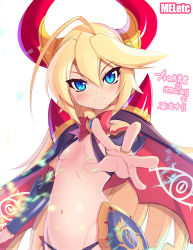 Rule 34 | 1girl, ahoge, blonde hair, blue eyes, blush, breasts, buchi-kire yusya no sekaiseihuku, cape, capelet, horns, long hair, looking at viewer, mel/a, navel, original, palms, pantyhose, simple background, slit pupils, small breasts, solo, very long hair, white background