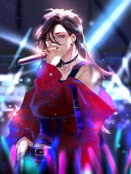 Rule 34 | absurdres, choker, glowstick, highres, hua cheng, idol, idol clothes, looking at viewer, microphone, music, open mouth, shiyangtacit, singing, spotlight, stage, stage lights, tianguan cifu