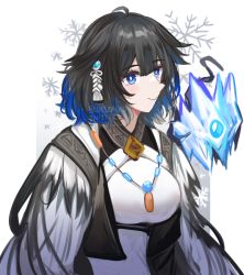Rule 34 | 1girl, arknights, black hair, blue eyes, blue hair, blue sealad, breasts, commentary, dress, jewelry, kjera (arknights), looking at viewer, medium breasts, multicolored hair, necklace, short hair, smile, solo, upper body, white dress