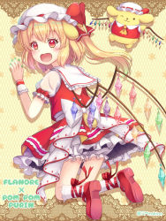 Rule 34 | 1girl, adapted costume, animal ears, arms up, blonde hair, bloomers, blush, border, character name, commentary request, drop shadow, flandre scarlet, from behind, green nails, hat, hat ribbon, kneehighs, kneeling, lace, lace border, leg ribbon, looking at viewer, looking back, mob cap, nail polish, one side up, open mouth, ornate border, patterned background, petticoat, pompompurin, puffy short sleeves, puffy sleeves, red eyes, red footwear, red skirt, red vest, ribbon, sanrio, shirt, short hair, short sleeves, skirt, snowflake background, socks, solo, tail, tomo takino, touhou, twitter username, underwear, vest, white hat, white shirt, white socks, wings, wrist cuffs, yellow background