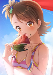 Rule 34 | 1girl, :o, asymmetrical bangs, bikini, bikini top only, blue sky, blush, bracelet, breasts, brown hair, cleavage, cloud, collarbone, eating, food, food on face, fruit, futami ami, hair ornament, highres, holding, holding food, holding fruit, idolmaster, idolmaster (classic), idolmaster million live!, jewelry, looking at viewer, mikapoe, one eye closed, seed, sky, small breasts, solo, star (symbol), star hair ornament, striped bikini, striped clothes, swept bangs, swimsuit, tan, upper body, water drop, watermelon