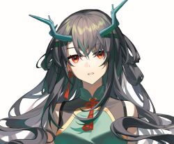 Rule 34 | 1girl, arknights, bare shoulders, black hair, breasts, covered collarbone, dragon horns, dress, dusk (arknights), dusk (everything is a miracle) (arknights), earrings, green dress, hair rings, highres, horns, idass (idass16), jewelry, long hair, looking at viewer, medium breasts, official alternate costume, open mouth, red eyes, simple background, sleeveless, sleeveless dress, solo, tassel, tassel earrings, very long hair, white background