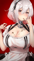 Rule 34 | 1girl, ao ao konno, apron, azur lane, blush, breasts, chocolate, cleavage, dress, hair between eyes, hairband, highres, lace-trimmed hairband, lace trim, large breasts, looking at viewer, maid, maid apron, open mouth, puffy sleeves, red eyes, short hair, short sleeves, sirius (azur lane), solo, thighhighs, valentine, white hair