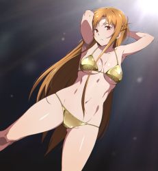 Rule 34 | 1girl, armpits, arms behind head, asuna (sao), bikini, blush, braid, breasts, cleavage, collarbone, cowboy shot, crown braid, feet out of frame, female focus, gold bikini, groin, long hair, looking at viewer, navel, nervous, original, puge, shiny skin, simple background, solo, spread legs, swimsuit, undersized clothes