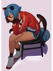 Rule 34 | 1girl, absurdres, animal ears, animal nose, aqua eyes, aqua shorts, asymmetrical bangs, black hair, black shirt, blue hair, blue shorts, border, brand new animal, bright pupils, brown fur, chair, closed mouth, commentary, dolphin shorts, double vertical stripe, full body, furry, furry female, hand on own face, hand up, highres, jacket, kagemori michiru, letterboxed, long sleeves, multicolored hair, open clothes, open jacket, p (pm 611a), pink eyes, purple background, raccoon ears, red footwear, red jacket, shirt, shoes, short eyebrows, short hair with long locks, shorts, sidelocks, simple background, sitting, sneakers, solo, straight hair, two-tone eyes, two-tone footwear, two-tone fur, two-tone hair, two-tone shirt, two-tone shorts, v-shaped eyebrows, white border, white footwear, white pupils, white shirt