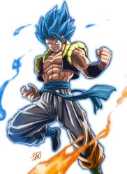 Rule 34 | 1boy, abs, absurdres, blue eyes, blue fire, blue hair, clenched hand, commentary, dragon ball, dragon ball super, dragon ball super broly, fire, gogeta, highres, liedein, male focus, metamoran vest, muscular, muscular male, open mouth, signature, solo, super saiyan, super saiyan blue