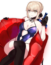 Rule 34 | 1girl, artoria pendragon (all), artoria pendragon (alter swimsuit rider) (fate), artoria pendragon (alter swimsuit rider) (third ascension) (fate), artoria pendragon (fate), black gloves, black thighhighs, blonde hair, casual one-piece swimsuit, choker, couch, crossed legs, fate/grand order, fate (series), feet out of frame, gloves, hair bun, highres, kurozawa yui, one-piece swimsuit, purple one-piece swimsuit, saber alter, sidelocks, simple background, single hair bun, sitting, solo, swimsuit, thighhighs, white background, yellow eyes