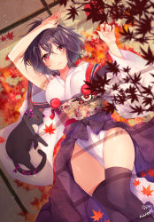 Rule 34 | 1girl, autumn leaves, black hair, black thighhighs, blush, breasts, cat, floral print, japanese clothes, leaf, looking at viewer, lying, medium breasts, natsuki (ukiwakudasai), obi, on back, pelvic curtain, pom pom (clothes), red eyes, sash, shameimaru aya, short hair, single sleeve, solo, thighhighs, touhou, wide sleeves