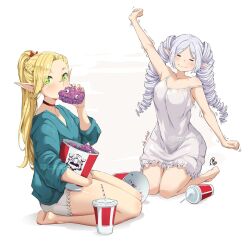 Rule 34 | 2girls, aqua shirt, arm up, bare legs, barefoot, blonde hair, braid, breasts, closed eyes, commentary, cup, disposable cup, drill hair, dungeon meshi, eating, elf, english commentary, food, frieren, green eyes, hair ribbon, holding, holding food, jk arts, legs, long hair, marcille donato, medium breasts, motion lines, multiple girls, nightgown, pointy ears, ponytail, red ribbon, ribbon, senshi (dungeon meshi), shirt, shorts, side braid, sleepy, soles, sousou no frieren, strap slip, stretching, twin drills, twitter username, white nightgown, white shorts
