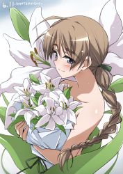 Rule 34 | 1girl, absurdres, ahoge, birthday, blue eyes, blush, bouquet, braid, braided ponytail, brown hair, closed mouth, collarbone, flower, hair ornament, hair ribbon, highres, holding, holding bouquet, lily (flower), long hair, looking at viewer, looking to the side, lynette bishop, nude, ponytail, ribbon, single braid, smile, solo, strike witches, tokiani, world witches series
