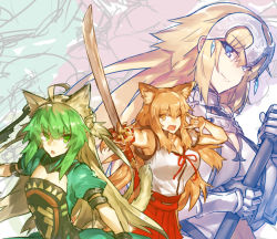 Rule 34 | &gt;:o, 3girls, :o, ;d, ahoge, animal ear fluff, animal ears, armpits, atalanta (fate), blonde hair, blue eyes, breasts, cat ears, cat tail, chain, cleavage, cowboy shot, dress, fate/grand order, fate (series), fox ears, gauntlets, green eyes, green hair, hakama, hakama short skirt, hakama skirt, headpiece, holding, holding sword, holding weapon, japanese clothes, jeanne d&#039;arc (fate), jeanne d&#039;arc (ruler) (fate), jeanne d&#039;arc (third ascension) (fate), katana, large breasts, long hair, looking at viewer, melon22, multicolored hair, multiple girls, one eye closed, open mouth, puffy short sleeves, puffy sleeves, school uniform, short sleeves, skirt, small breasts, smile, suzuka gozen (fate), sword, tail, two-tone hair, upper body, v-shaped eyebrows, weapon, yellow eyes
