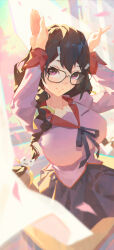 Rule 34 | 1girl, absurdres, black hair, blurry, blurry background, blurry foreground, braid, breasts, cat hair ornament, cherry blossoms, chinese commentary, closed mouth, collarbone, commentary, curtains, depth of field, falling petals, glasses, hair between eyes, hair ornament, hairclip, hanekawa tsubasa, head down, highres, large breasts, light rays, long hair, long sleeves, looking at viewer, monogatari (series), naoetsu high school uniform, neck ribbon, petals, pink shirt, puffy sleeves, purple eyes, purple ribbon, purple skirt, rabbit pose, ribbon, school uniform, shirt, shixin changjinglu, sitting, skirt, smile, solo, sunbeam, sunlight, twin braids, upturned eyes, window
