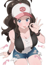 Rule 34 | 1girl, :p, alternate breast size, baseball cap, black vest, black wristband, blue eyes, breasts, brown hair, cleavage, condom, creatures (company), cum, denim, denim shorts, fellatio gesture, fluffy hair, game freak, hand up, hat, high ponytail, highres, hilda (pokemon), huet-pc, large breasts, long hair, looking at viewer, multiple condoms, nintendo, poke ball print, pokemon, pokemon bw, short shorts, shorts, simple background, sitting, solo, sweat, tank top, thighs, tongue, tongue out, torn clothes, torn shorts, used condom, very long hair, vest, wavy hair, white background, white tank top