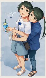 Rule 34 | 2021, 2girls, bag, banned artist, black footwear, black hair, blue shirt, blush, breasts, cup, denim, denim shorts, disposable cup, hair ribbon, handbag, highres, holding, holding cup, hug, hug from behind, kantai collection, long hair, looking at viewer, makio (makiomeigenbot), mikuma (kancolle), mogami (kancolle), multiple girls, official alternate costume, open mouth, pants, ribbon, sandals, shirt, short hair, short sleeves, shorts, signature, simple background, small breasts, standing, t-shirt, twintails, white footwear, white shirt