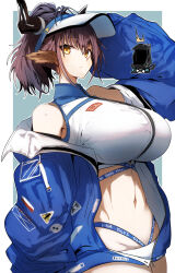 Rule 34 | 1girl, animal ears, arknights, bare shoulders, bikini, blue jacket, border, breasts, brown hair, cow ears, cow horns, doctor (arknights), expressionless, gin moku, groin, highres, horns, huge breasts, jacket, looking at viewer, navel, official alternate costume, open clothes, open jacket, outside border, parted lips, ponytail, short hair, sideroca (arknights), sideroca (light breeze) (arknights), sideways glance, solo, stomach, sweatdrop, swimsuit, turtleneck, upper body, visor cap, white bikini, white border, yellow eyes
