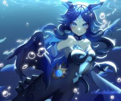 Rule 34 | 1girl, bare shoulders, blue eyes, blue hair, bonanus (genshin impact), breasts, claws, fish, genshin impact, highres, horns, long hair, looking at viewer, small breasts, smile, solo, sunnyhelianthus, twitter username, underwater, vision (genshin impact)