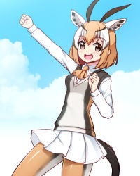 Rule 34 | 10s, 1girl, :d, animal ears, ascot, bad id, bad pixiv id, blue sky, brown eyes, collared shirt, cowboy shot, day, hand up, horns, kemono friends, looking at viewer, multicolored hair, open mouth, orange ascot, orange hair, outstretched arm, pantyhose, pleated skirt, shirt, skirt, sky, smile, solo, standing, tail, thomson&#039;s gazelle (kemono friends), totokichi, white skirt, wing collar