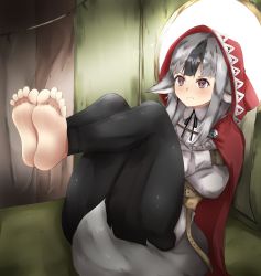 Rule 34 | 1girl, absurdres, animal ears, barefoot, belt, closed mouth, ethan(33327245), ethanppj, feet, fire emblem, fire emblem fates, fire emblem if, gloves, highres, hood, indoors, multicolored hair, nintendo, silver hair, soles, solo, streaked hair, tail, toes, velouria (fire emblem), wolf ears, wolf girl, wolf tail