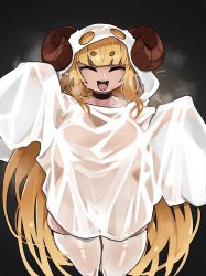 Rule 34 | 1girl, anila (granblue fantasy), black choker, blonde hair, blunt bangs, breasts, choker, costume, draph, ghost costume, granblue fantasy, highres, horns, large breasts, long hair, long sleeves, looking at viewer, nude, see-through, sheep horns, short eyebrows, simple background, smile, solo, steam, steaming body, sweat, thick thighs, thighhighs, thighs, transparent, very long hair, white thighhighs, zanamaoria