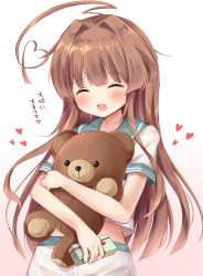 Rule 34 | 10s, 1girl, ^ ^, ^o^, absurdres, ahoge, bad id, bad pixiv id, box, brown hair, closed eyes, hugging doll, fang, gift, gift box, gradient background, heart, highres, holding, holding gift, jewelry, kantai collection, kuma (kancolle), long hair, masayo (gin no ame), hugging object, ring, sailor collar, school uniform, serafuku, short sleeves, shorts, smile, solo, stuffed animal, stuffed toy, teddy bear, translation request, wedding band, white shorts
