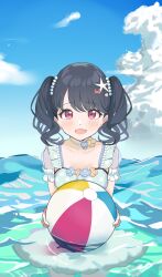 Rule 34 | 1girl, absurdres, ball, beachball, bead necklace, beads, black hair, blue flower, blue sky, blush, bow, cloud, collarbone, crab, day, dot nose, fangs, flower, fukumaru koito, green one-piece swimsuit, hair bow, hair ornament, highres, holding, holding ball, holding beachball, idolmaster, in water, jewelry, looking at viewer, necklace, ocean, one-piece swimsuit, open mouth, outdoors, pink flower, polka dot, polka dot swimsuit, purple eyes, see-through, see-through sleeves, shell, skin fangs, sky, solo, star (symbol), star hair ornament, suyaya oyasumi, swimsuit, twintails