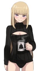 Rule 34 | 1girl, am (star wars), arm at side, black panties, black sweater, blonde hair, blunt bangs, breasts, cleavage cutout, closed mouth, clothing cutout, coffee mug, commentary, cup, darth vader, english commentary, english text, highres, hime cut, holding, holding cup, jourd4n, long sleeves, looking at viewer, medium breasts, mug, no pants, panties, purple eyes, ribbed sweater, simple background, smile, solo, split mouth, star wars, star wars: visions, straight-on, sweater, underwear, white background