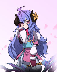 Rule 34 | 0212ba, 1girl, absurdres, ahoge, alternate eye color, alternate hair color, alternate hairstyle, bad id, bad pixiv id, blue hair, blush, bow, bow (weapon), braid, curled horns, flower, fur (clothing), gloves, hair between eyes, hair flower, hair ornament, hand on own cheek, hand on own face, helltaker, highres, holding, holding weapon, horns, kindred (league of legends), lamb (league of legends), league of legends, long hair, looking at viewer, official alternate costume, official alternate hairstyle, pink eyes, purple hair, ribbon, sheep girl, side braid, single braid, solo, spirit blossom kindred, twintails, weapon, white fur
