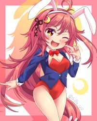 Rule 34 | 1girl, ahoge, alternate costume, blue jacket, brown eyes, rabbit hair ornament, commentary request, crescent, crescent hair ornament, fang, hair ornament, hairband, jacket, kantai collection, leotard, long hair, long sleeves, one eye closed, open mouth, playboy bunny, red eyes, red leotard, sills, solo, standing, strapless, strapless leotard, uzuki (kancolle), white hairband