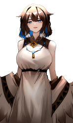 Rule 34 | 1girl, absurdres, ahoge, animal ears, arknights, blue eyes, blue hair, breasts, brown hair, colored tips, cowboy shot, dress, female focus, highres, jacket, jewelry, kjera (arknights), large breasts, looking at viewer, multicolored hair, necklace, off shoulder, open clothes, open jacket, open mouth, short hair, simple background, sleeveless, sleeveless dress, solo, underbust, wawamachi (wawamachis), white background, white dress