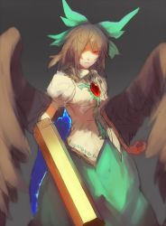 Rule 34 | 1girl, arm cannon, bad id, bad twitter id, bird wings, black hair, bow, cape, colorized, covering one eye, feathered wings, gradient background, hair bow, hair ornament, horizon (sushi0126), long hair, looking at viewer, puffy sleeves, red eyes, reiuji utsuho, shirt, short sleeves, simple background, sketch, skirt, solo, third eye, touhou, weapon, wings