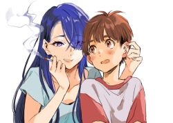 Rule 34 | 1boy, 1girl, age difference, blue hair, blue shirt, blush, brown eyes, brown hair, child, collarbone, commentary request, ear blush, ear piercing, grin, hair over one eye, hand on another&#039;s ear, hand on own chin, long hair, looking at another, onee-shota, open mouth, original, piercing, purple eyes, red sleeves, shirt, short hair, simple background, smile, smoking, straight hair, teasing, two-tone shirt, upper body, white background, white shirt, yoshida morohe