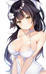 Rule 34 | 1girl, azur lane, black hair, blunt bangs, blush, bow, breasts, brown eyes, cleavage, closed mouth, clothing cutout, collarbone, criss-cross halter, flower, frown, hair bow, hair flaps, hair flower, hair ornament, halterneck, has bad revision, has downscaled revision, large breasts, light frown, long hair, looking at viewer, md5 mismatch, narusegawa riko, navel, navel cutout, one-piece swimsuit, ponytail, resolution mismatch, sidelocks, simple background, skindentation, solo, source smaller, swimsuit, takao (azur lane), takao (beach rhapsody) (azur lane), tsurime, upper body, v arms, white background, white bow, white flower, white one-piece swimsuit