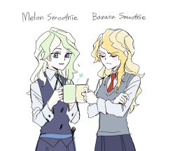 Rule 34 | 2girls, bad id, bad twitter id, blonde hair, blue eyes, blush, cabbageislove, closed eyes, crossed arms, cup, diana cavendish, drink, dual persona, english text, frown, little witch academia, luna nova school uniform, mug, multicolored hair, multiple girls, school uniform, smile, smoothie, star (symbol), straw, toasting (gesture), two-tone hair, wavy hair, white background