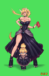 Rule 34 | 2girls, absurdres, anger vein, bare shoulders, black dress, black footwear, black gloves, blonde hair, blue eyes, boots, bowsette, bowsette jr., bracelet, breasts, breath weapon, breathing fire, choker, covered navel, crown, dress, earrings, faymantra, fire, full body, gloves, green background, hat, head tilt, highres, horns, jewelry, large breasts, leaning forward, looking at viewer, mario (series), mother and daughter, multiple girls, new super mario bros. u deluxe, nintendo, ponytail, pout, short ponytail, simple background, spiked bracelet, spiked choker, spiked tail, spikes, standing, super crown, tail, twirling hat, unworn hat, unworn headwear