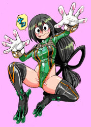 Rule 34 | 1girl, :&gt;, all fours, arm support, artist request, ass, asui tsuyu, bodysuit, boku no hero academia, boots, breasts, cameltoe, curvy, frog girl, full body, green bodysuit, green leotard, highleg, highleg leotard, large breasts, leotard, long hair, long sleeves, long tongue, looking at viewer, low-tied long hair, pink background, shiny clothes, shiny skin, smile, solo, thigh boots, thighhighs, tongue, tongue out, translation request, very long hair, wide hips